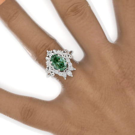 3 Carat Oval Green Moissanite Halo Ornamental Engagement Ring Model 977-10x7