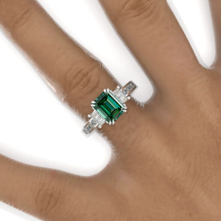 2 Carat Emerald Cut Green Moissanite White Gold Engagement Ring