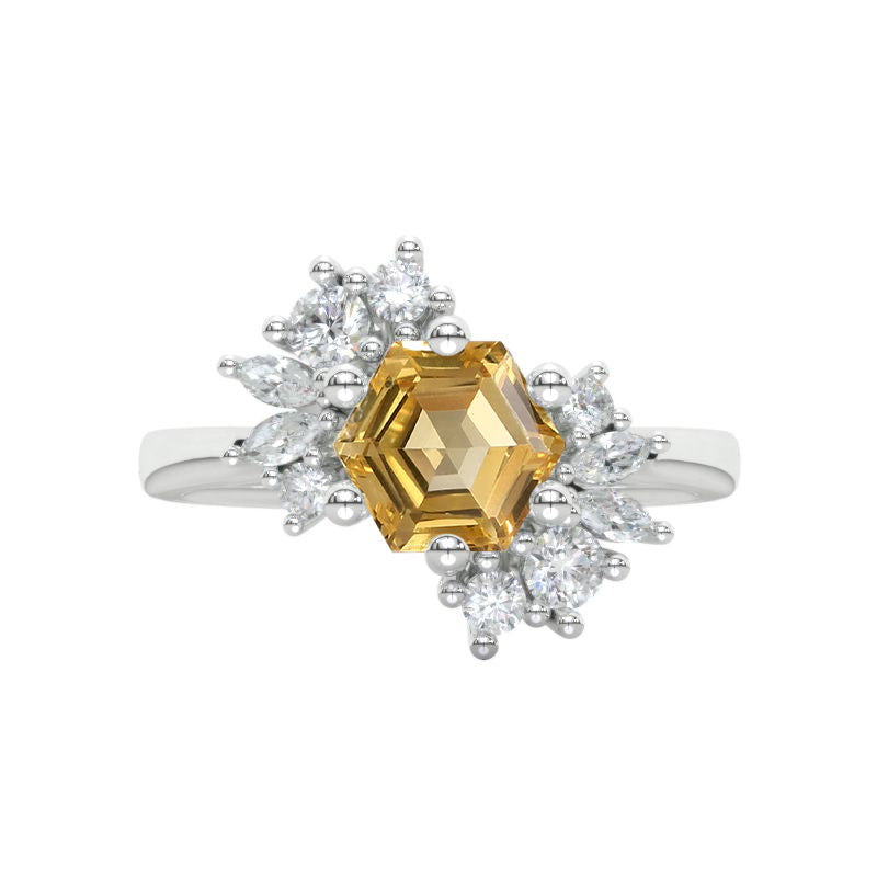 3 Carat Hexagon Genuine Yellow Citrine Cluster 14K White Gold Engagement Ring Model 865-8x7