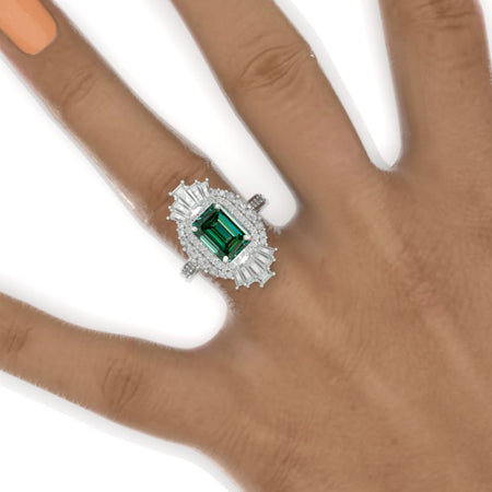 3 CT Emerald Halo Green Moissanite Vintage Wedding Ring. 14K Solid Gold Engagement Ring Anniversary Ring, Double Halo Ring Model 1113-9x7
