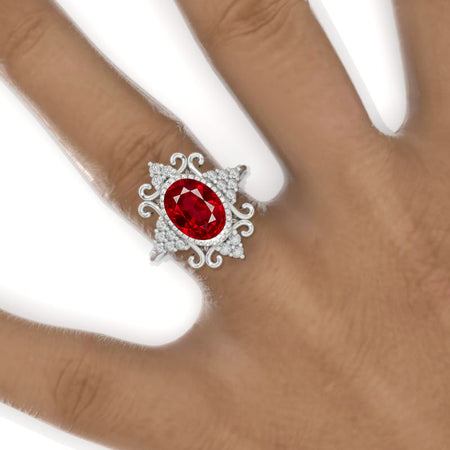 3 CT Oval Halo Ruby Vintage Wedding Ring. 14K Solid Gold Engagement Ring Anniversary Ring, Floral Halo Ring