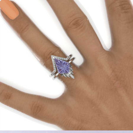 14K Yellow Gold 4 Carat Kite Fireworks Cut Alexandrite Halo Engagement Ring, Eternity Ring Set