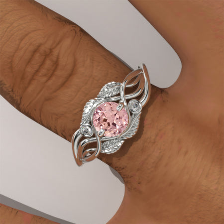 Peach Sapphire White Gold Engagement Lattice Floral Accented Ring Model 154-5