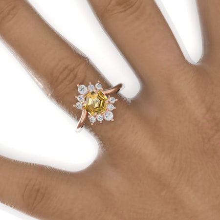 3 Carat Hexagon Genuine Yellow Citrine Halo 14K White Gold Engagement Ring Model 910-8