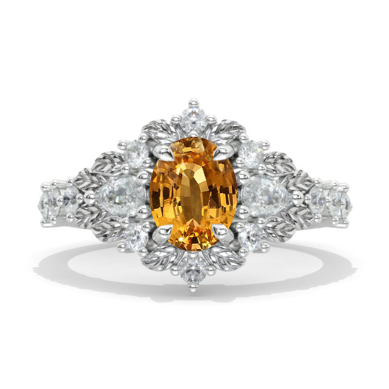 1.5 Ct Genuine Yellow Citrine Floral Halo Engagement Ring, Vintage Oval Shape Twig Fairy Tail Shank Ring Model 1031