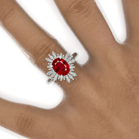 2CT Oval Halo Ruby Vintage Wedding Ring. 2 Carat Oval Engagement Ring Anniversary Ring, Baguette Double Halo Ring