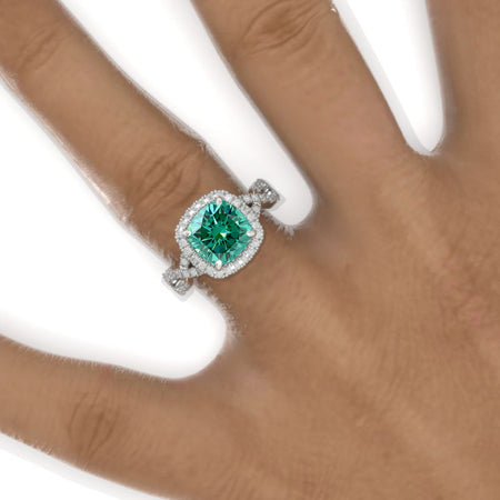 3 Carat Cushion Cut Vintage Style Halo Giliarto Green Moissanite White Gold Engagement Ring Model 916-8x8