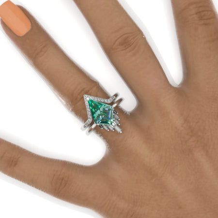 2.5 Carat Kite Green Moissanite Halo 14K White Gold Engagement Ring, Eternity Ring Set
