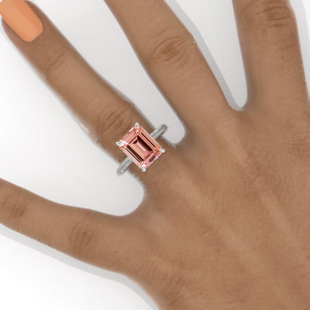 5 Carat Emerald Cut Peach Sapphire Hidden Halo Engagement Ring Model 447