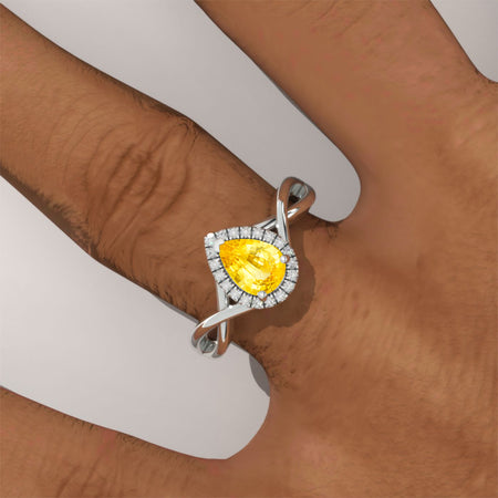 14K White Gold 0.8 Carat Pear Yellow Sapphire Halo Engagement Ring Model 156