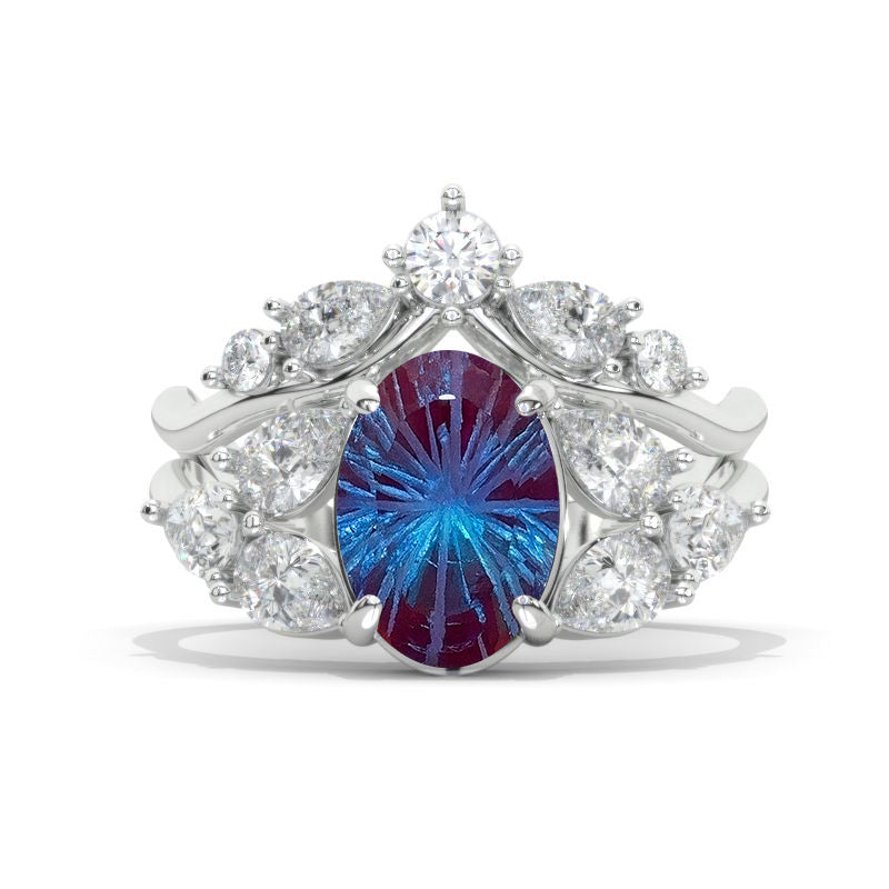 3 Carat Oval Fireworks Cut Alexandrite Floral Shank  White Gold Engagement Ring Set