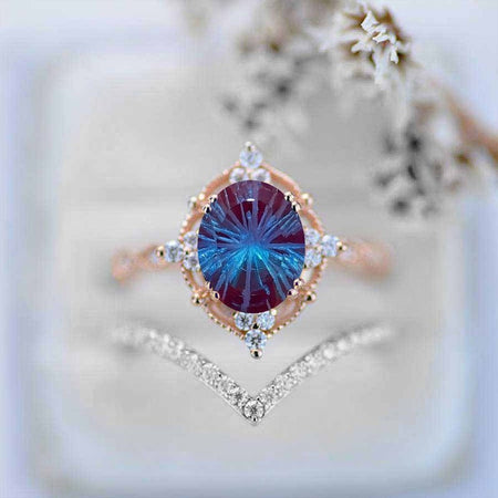 14K Rose Gold Ring 2CT Oval Vintage Wedding Ring, Oval Fireworks Cut Alexandrite Halo Engagement Ring Set