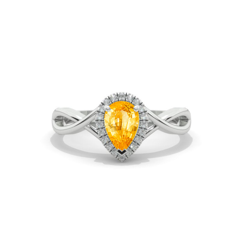 14K White Gold 0.8 Carat Pear Genuine Yellow Citrine Halo Engagement Ring Model 156