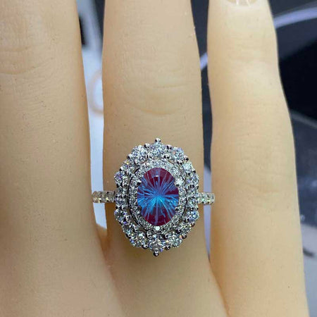 1 Ct Fireworks Cut Alexandrite Double Halo Engagement Ring, Vintage Oval Shape Fireworks Cut Alexandrite Engagement Ring, Side Accents Stones 14K White Gold