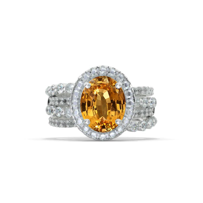 3Ct Genuine Yellow Citrine Halo Engagement Vintage Ring, Oval Shape Cut Genuine Yellow Citrine Engagement Ring, 14K White Halo Gold Ring Model 1038-10x8