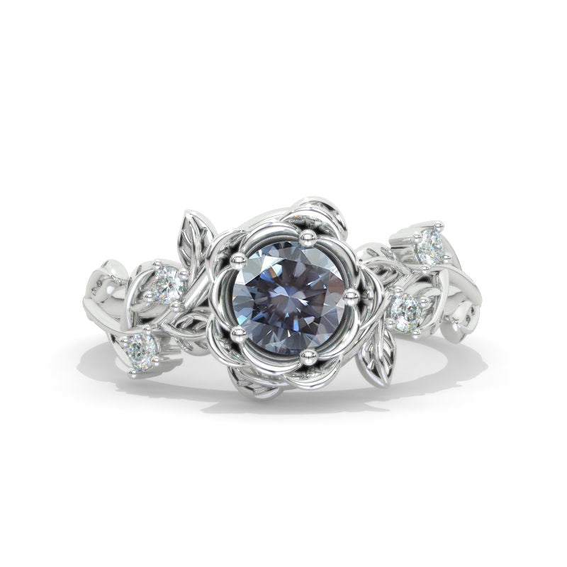 Flower  Moissanite 14K White Gold Engagement Floral Ring
