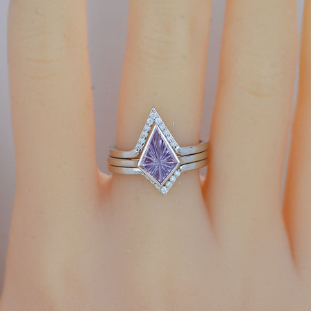 14K White Gold 3 Carat Fireworks Cut Kite Alexandrite Bezel Engagement Ring, Three Rings Set