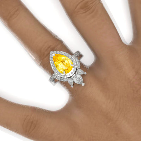 3 Carat Pear Yellow Sapphire Halo Engagement Ring 14K White Gold Ring Set Model 963-11x7mm