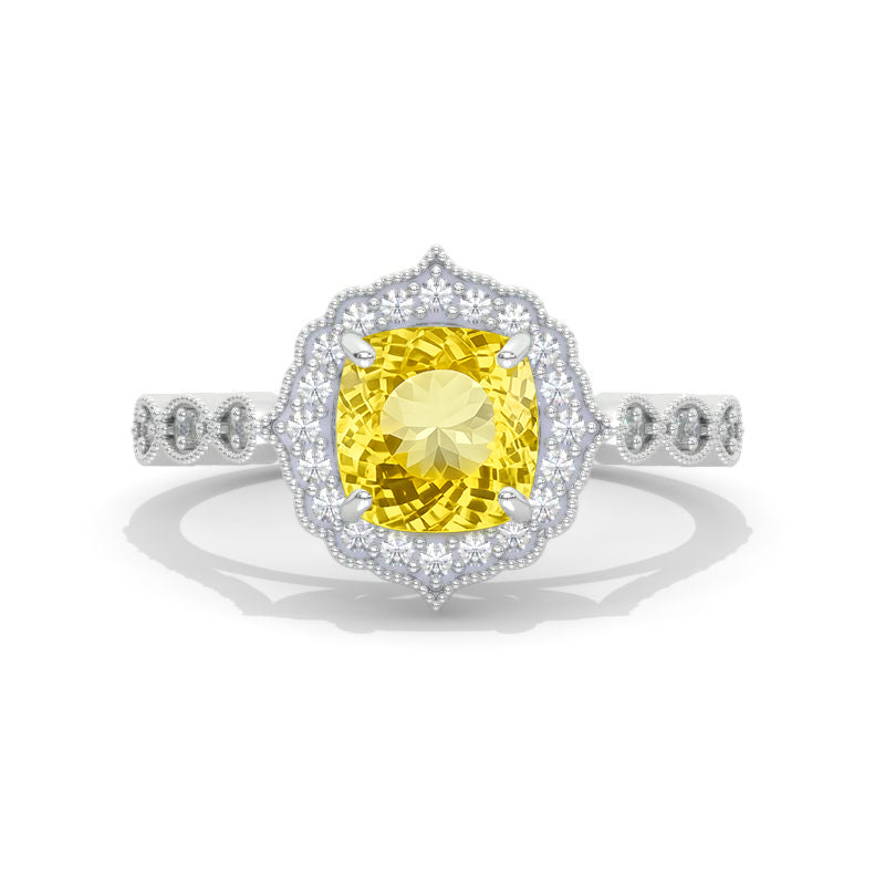 2.5 Carat Cushion Yellow Sapphire Halo Engagement Ring. Victorian 14K White Gold Ring Model 803-8x8 Cushion