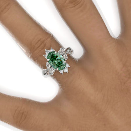 2 Carat Oval Green Moissanite Floral Setting White Gold Engagement Ring Model 974