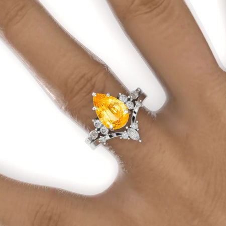 3 Carat Pear Genuine Yellow Citrine Halo 14K White Gold Engagement Eternity Ring Set Model 905