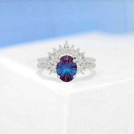 Oval Fireworks Cut Alexandrite Engagement Ring Set, Vintage Unique White Gold Engagement Ring, Women Wedding Bridal Anniversary Set Gift