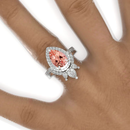 3 Carat Pear Peach Sapphire Halo Engagement Ring 14K White Gold Ring Set Model 963-11x7mm