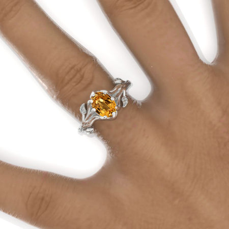 1.5 Carat Oval Genuine Yellow Citrine Twig Organic Shaped 14K Gold Engagement Promissory Ring Model 822-8x6