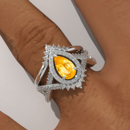 14K White Gold 1 Carat Pear Genuine Yellow Citrine Halo Twisted Engagement Ring Eternity Ring Set Model 152-8x6
