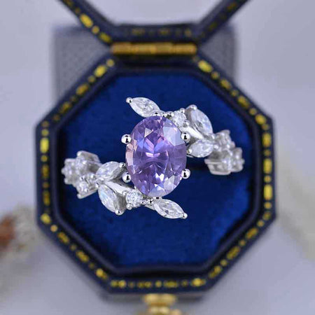 1.5 Carat Oval Purple Sapphire Floral 14K White Gold Engagement Ring