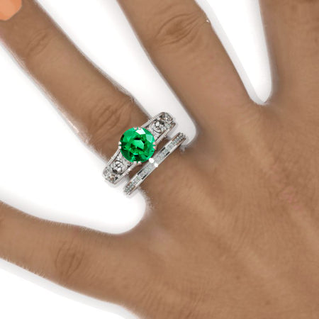 2 Carat Round Floral Leaves Ornamental Engagement 14K White Gold  Ring Eternity Ring Set Model 1155-8