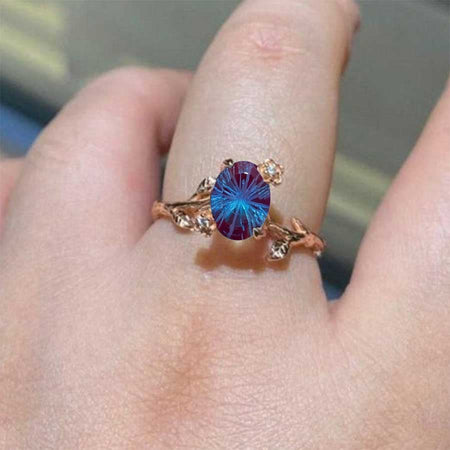14K Rose Gold Dainty Fireworks Cut Alexandrite Leaf Ring, 2ct Oval Twig Ring, Rose Gold Ring Unique Curved Vintage Floral Ring