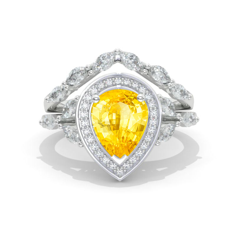14K White Gold 1.5 Carat Pear Yellow Sapphire Halo Twisted Engagement Ring Eternity Ring Set Model 547 - Handmade engagement ring
