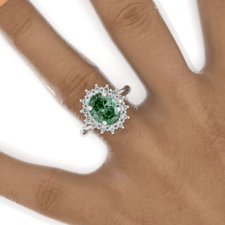 3 CT Oval Halo Green Moissanite Vintage Wedding Ring. 14K Solid Gold Engagement Ring Anniversary Ring, Baguette Double Halo Ring
