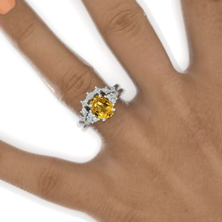 2 Carat Oval Yellow Sapphire Halo Vintage Engagement Ring, Eternity Ring Set Model 789-9x7