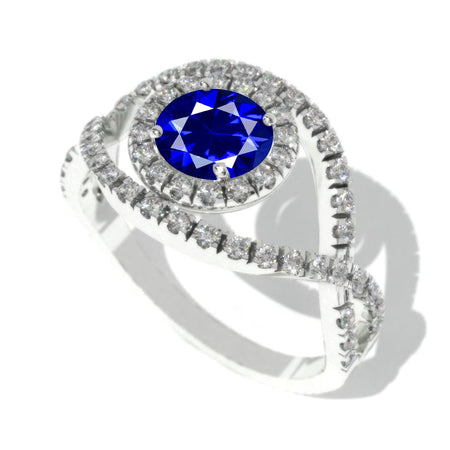 1.0 Carat Royal Blue Sapphire Halo Engagement Ring 14K White Gold