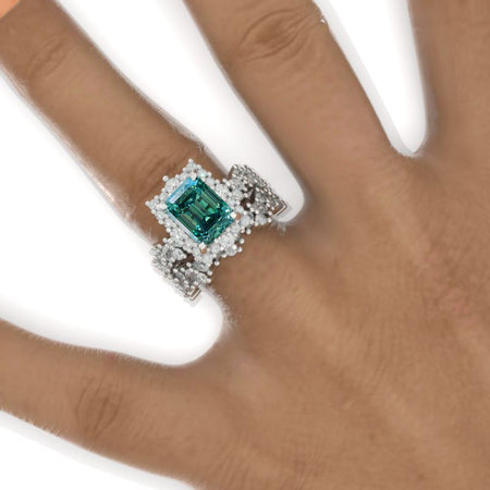 3 Carat Vintage Style 9x7mm Radiant Cut Giliarto Green Moissanite White Gold Floral Shank Engagement Ring Set