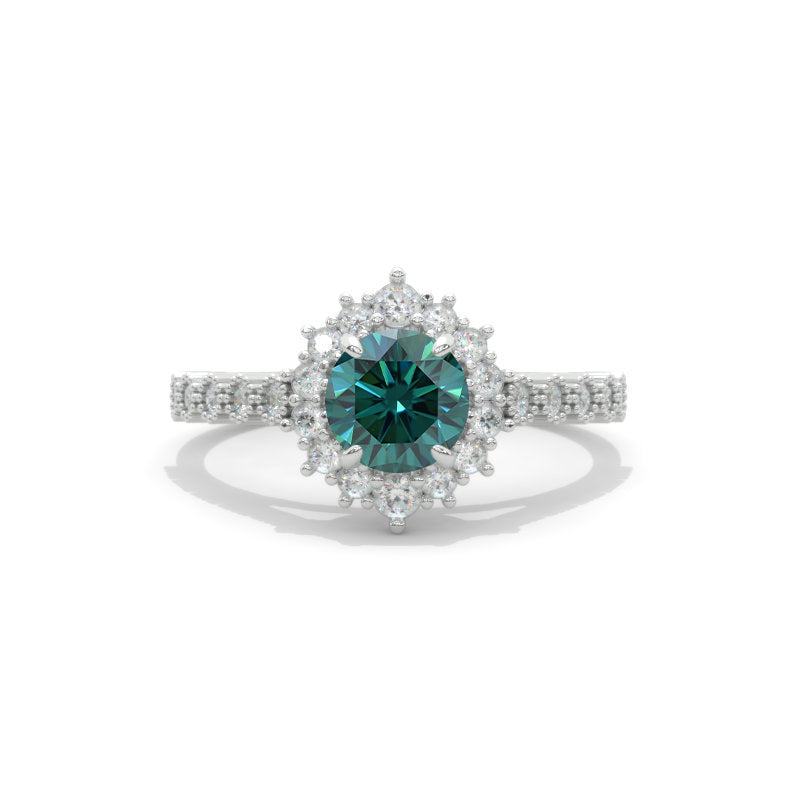 14K White Gold 1 Carat Round Green Moissanite Halo Engagement Ring