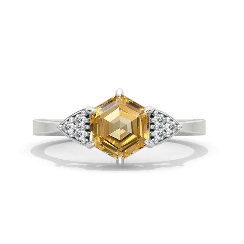 14K White Gold 1.5 Carat Hexagon Cut Genuine Yellow Citrine  Cluster Engagement Ring Model 1169