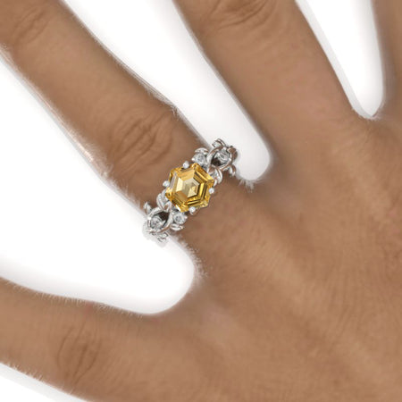 3 Carat Hexagon Genuine Yellow Citrine Floral 14K White Gold Engagement Ring Model 920-8x7