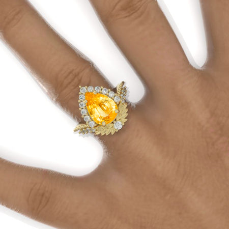 3 Carat Pear Genuine Yellow Citrine Halo Floral Engagement Ring 14K White Gold Ring Model 913-11x7mm