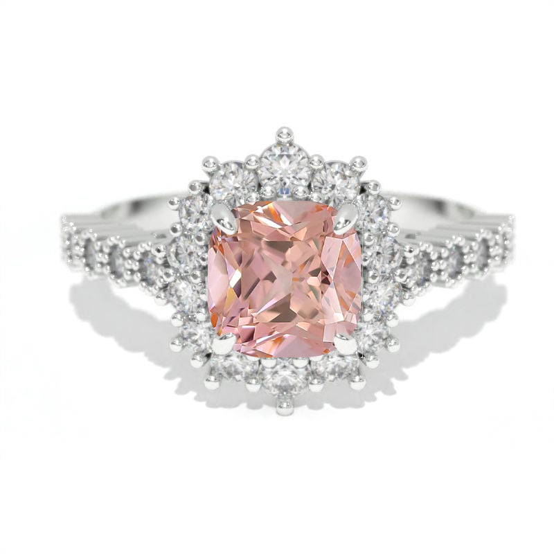 14K White Gold 1.2 Carat Cushion Peach Sapphire Halo Engagement Ring