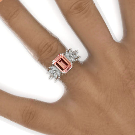 3 Carat Emerald Cluster Peach Sapphire White Gold Engagement Ring Model 962