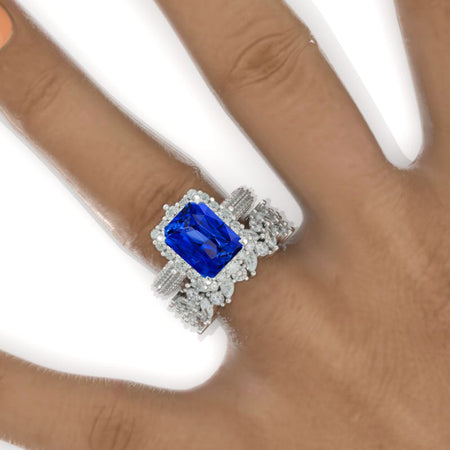 4Ct Royal Blue Sapphire Engagement Ring Halo Radiant Cut Royal Blue Sapphire Engagement Ring, 10x8mm Radiant Cut Royal Blue Sapphire Engagement Ring with Eternity Band