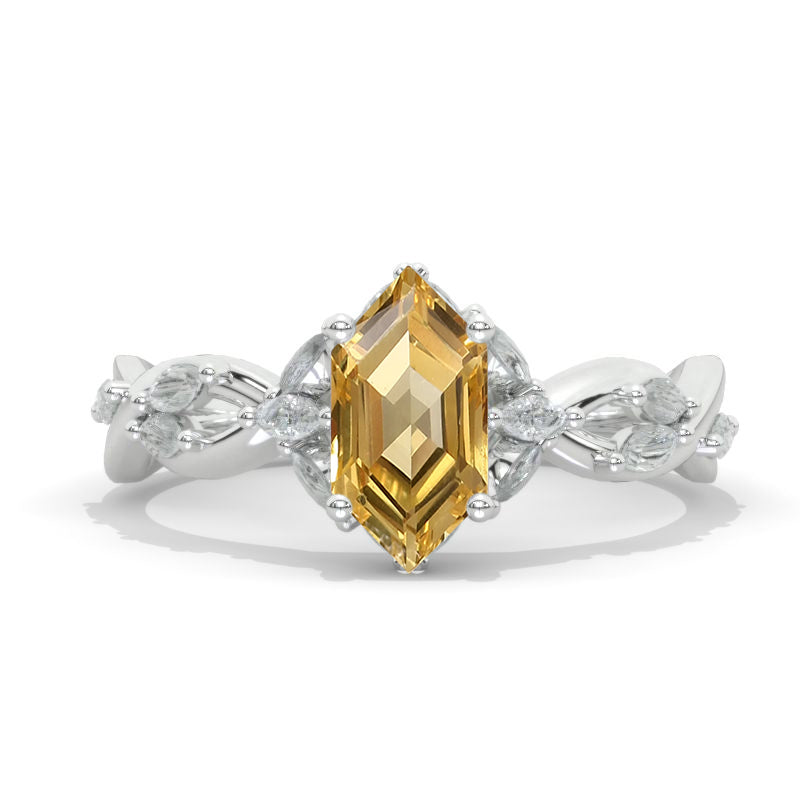 14K White Gold 3 Carat Hexagon Genuine Yellow Citrine Floral Twisted Shank Engagement Ring Model 866-10x6
