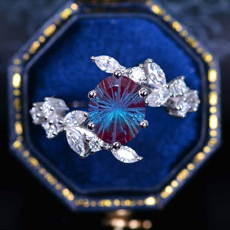 4 Carat Oval Fireworks Cut Alexandrite Floral 14K White Gold Engagement  Ring