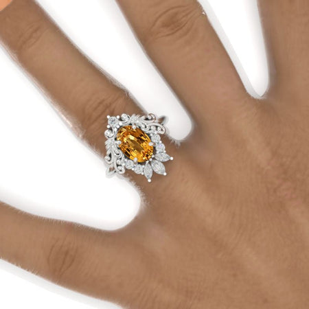 3 Carat Oval Genuine Yellow Citrine Halo Ornamental Engagement Ring Model 977-10x7