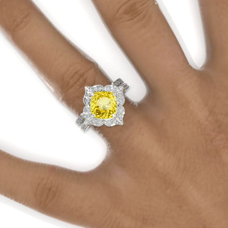 3 Carat Cushion Yellow Sapphire Halo 14K White Gold Engagement Ring, Eternity Ring Set Model 926-8x8