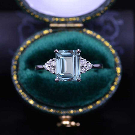 3Ct Emerald Shape Step Cut Genuine Natural Aquamarine Gold Engagement Ring