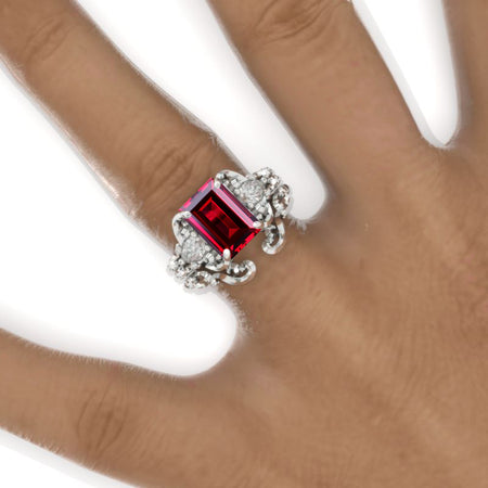 3 Carat Emerald Halo Ruby Twisted Shank  White Gold Engagement Ring Set